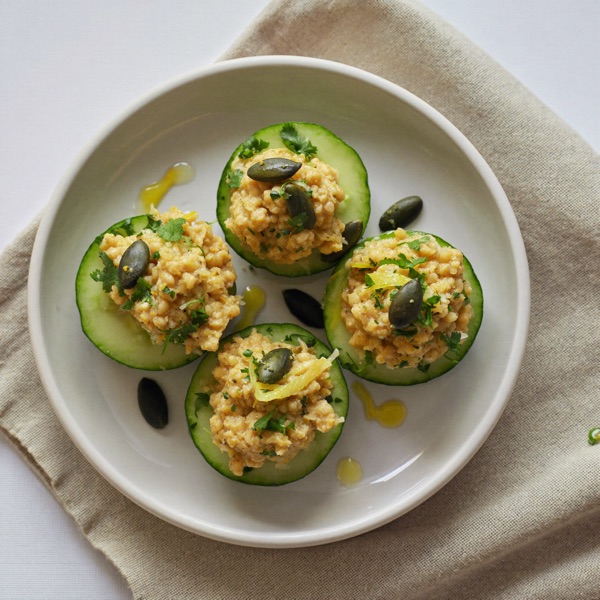 Écrasé de pois chiches au citron sur rondelles de concombre