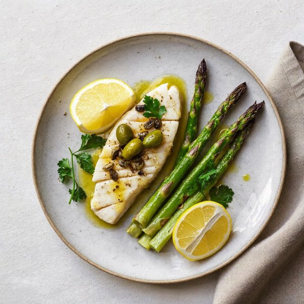 Bacalao Siciliano con Alcaparras, Aceitunas y Espárragos Asados al Limón