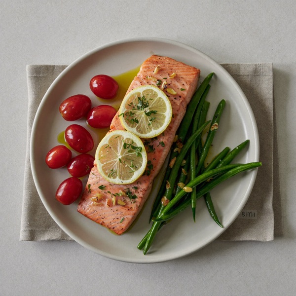 Lachs vom Blech mit Kirschtomaten und grünen Bohnen