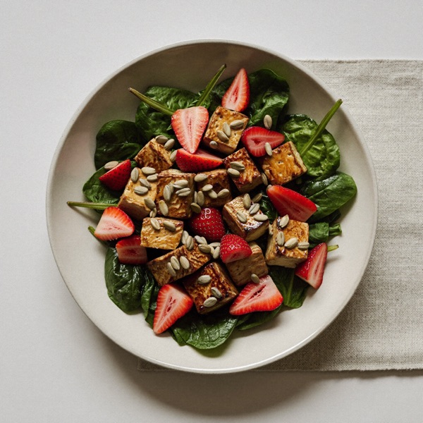 Spinat-Tofu-Salat mit Erdbeeren