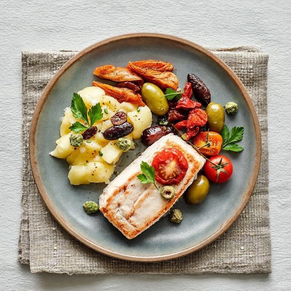 Bacalao Apuliano con Tomate Cherry, Alcaparras, Aceitunas y Papas Aplastadas
