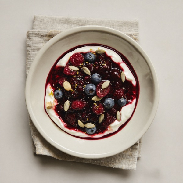Griechischer Joghurt mit gedünsteten Beeren und Sonnenblumenkernen
