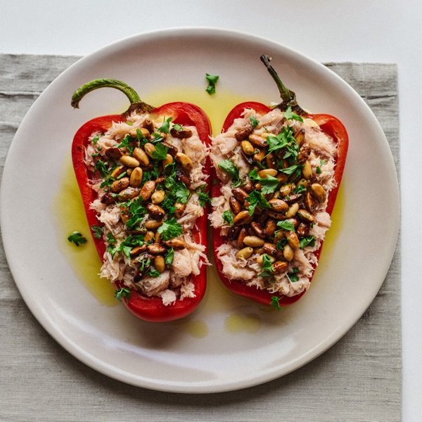 Poivrons farcis au thon aux herbes et aux graines de tournesol