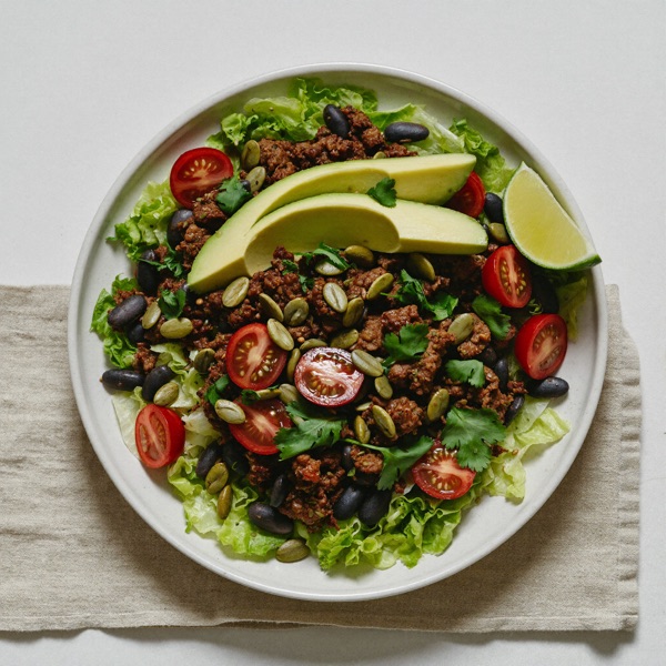 Taco-Bowl mit Rinderhackfleisch und Kürbiskernen
