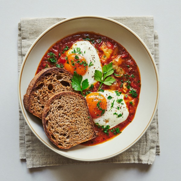 Gebackene Eier in Tomatensauce mit Vollkorntoast
