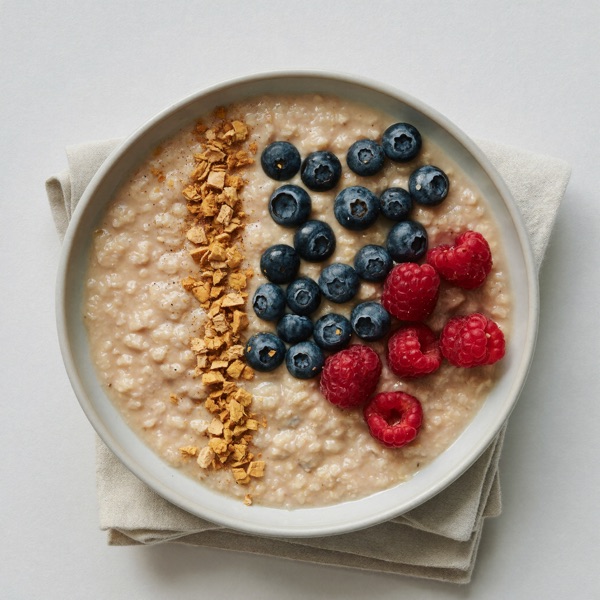 Angereicherter Haferbrei mit Hafermilch, Beeren und Hefeflocken