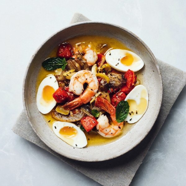 Shakshuka de Camarones Libia con Comino, Tomate y Limón-Menta
