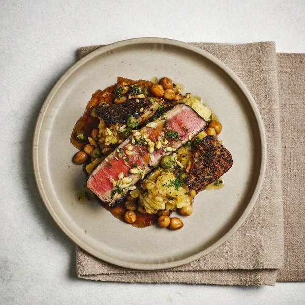 Atún Sellado Siciliano con Crumble de Nueces de Brasil y Coliflor Asada