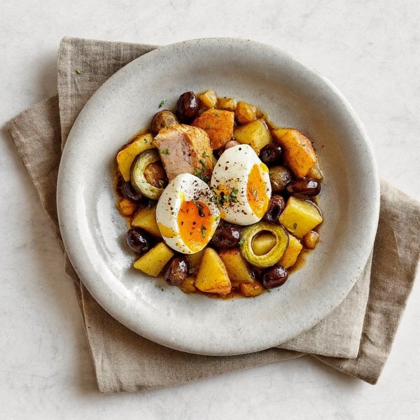 Bacalhau à Brás Portugués con Papa Crujiente, Huevo Suave y Aceitunas