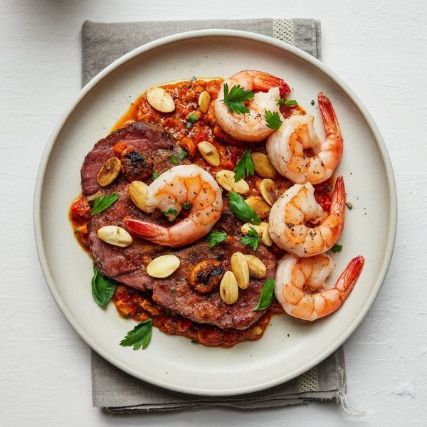 Sartén de Cordero y Camarones al Estilo Andaluz con Salsa de Almendras al Estilo Romesco