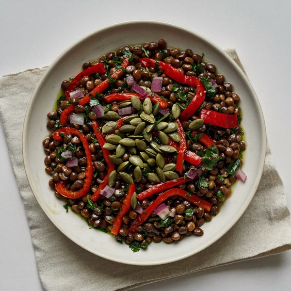 Ensalada de lentejas y pimiento asado