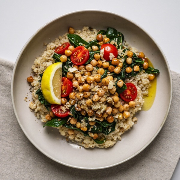 Bowl de cereales con levadura nutricional y garbanzos