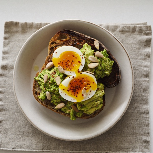 Œuf mollet et tartine d'avocat aux flocons de piment