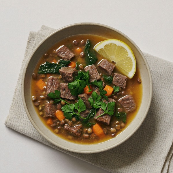 Sopa de carne magra y lentejas al limón