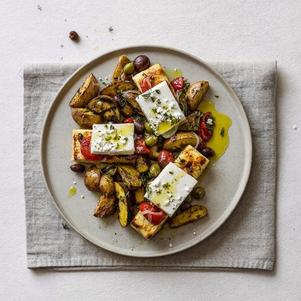 Bacalao Plaki Griego con Papas Asadas, Aceitunas y Feta