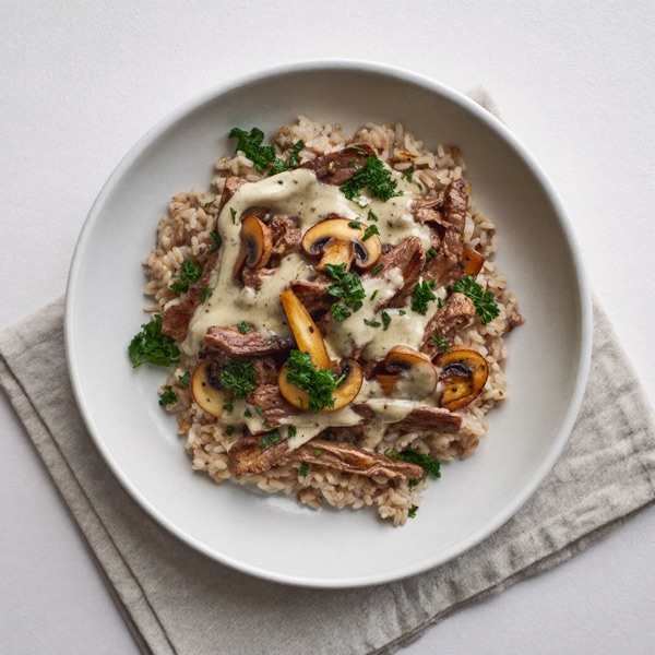 Bœuf Stroganoff aux champignons sur riz