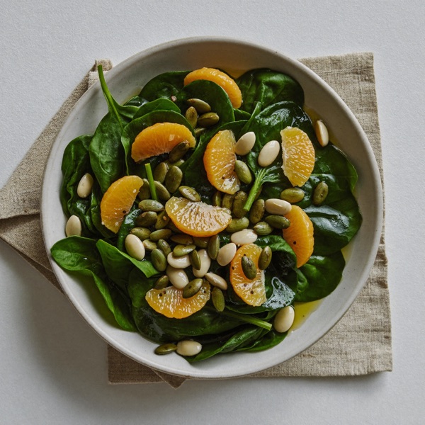 Frühstücksbowl mit Spinat und Kürbiskernen und Zitrusfrüchten