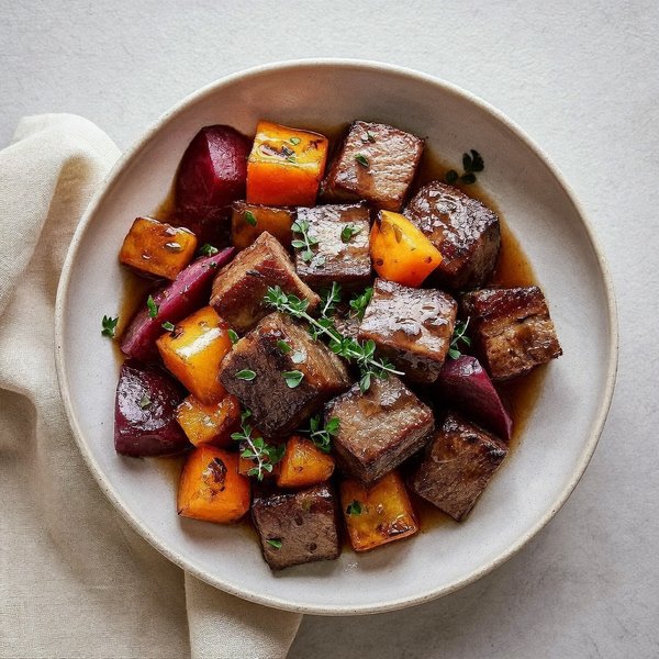 Carne de Res AIP Cocida a Fuego Lento con Remolacha Asada, Zanahoria y Salsa de Caldo de Huesos